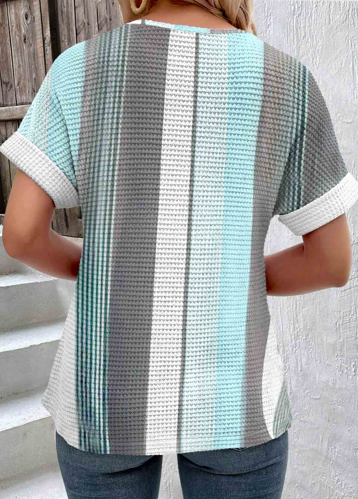 Striped Patchwork Blue Short Sleeve Round Neck T Shirt