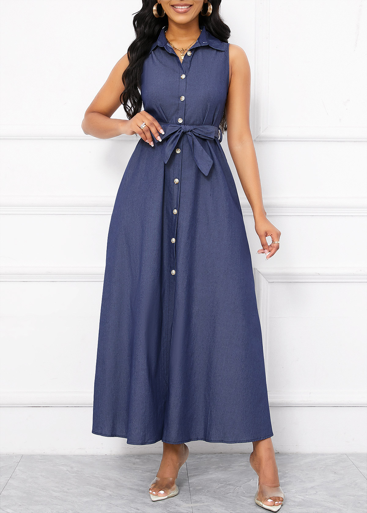 Button Belted Denim Blue Sleeveless Shirt Collar Maxi Dress