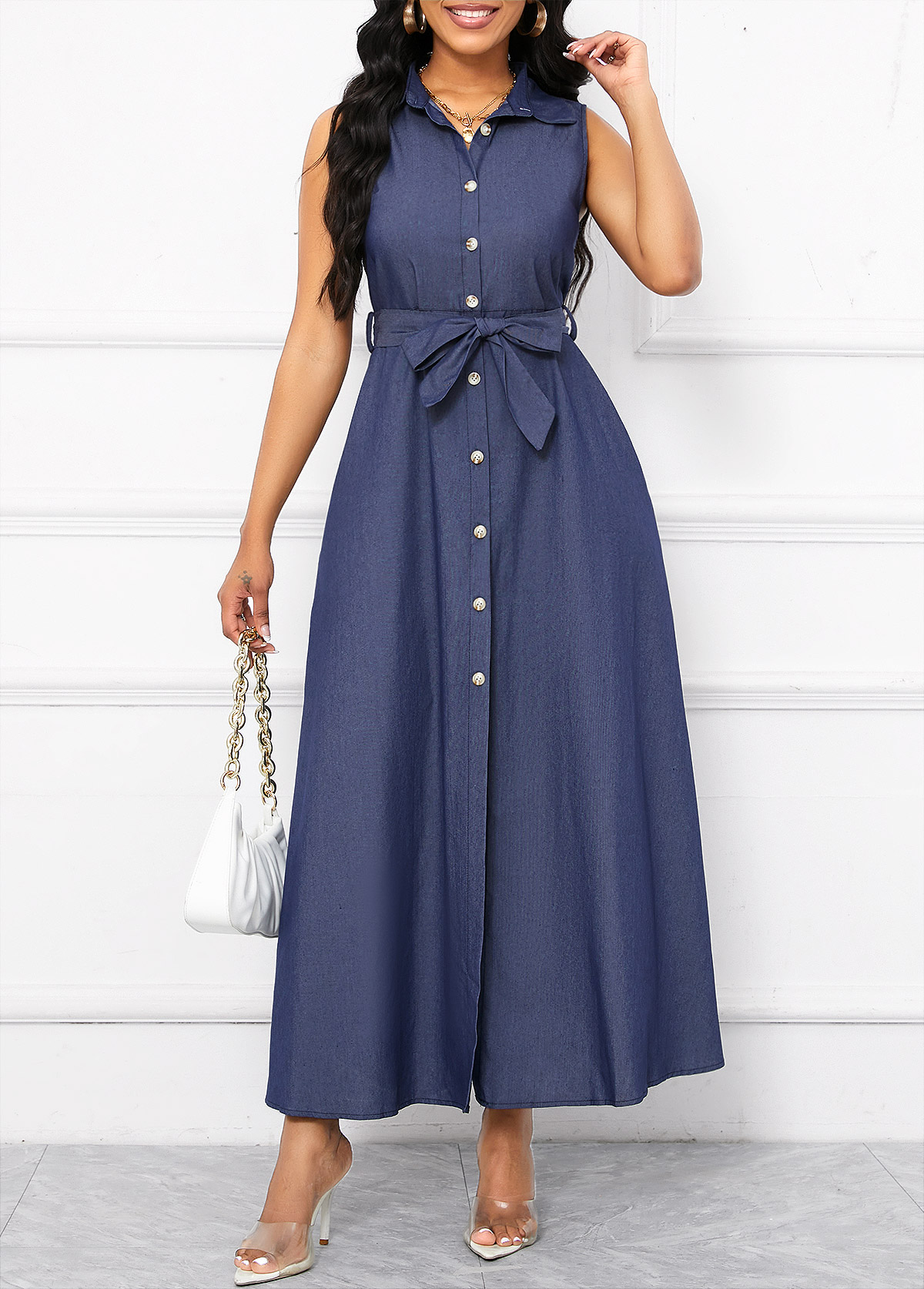 Button Belted Denim Blue Sleeveless Shirt Collar Maxi Dress