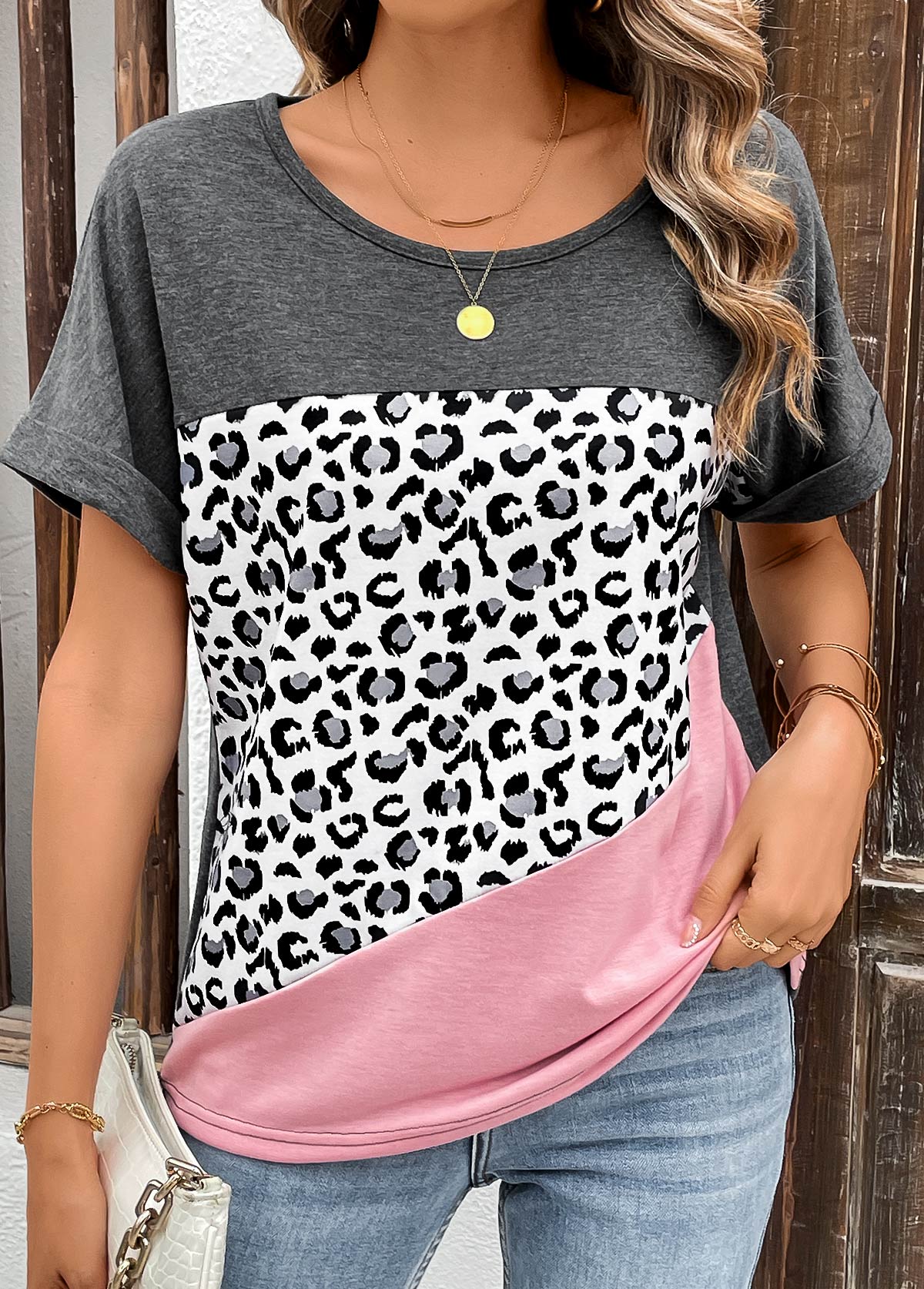 Leopard Patchwork Pink Short Sleeve Round Neck T Shirt