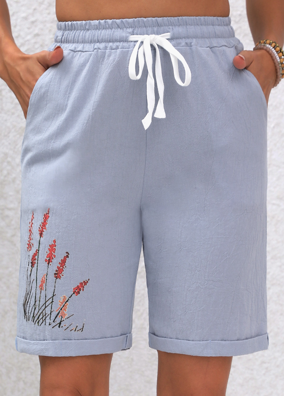 Plants Print Double Side Pockets Dusty Blue Shorts