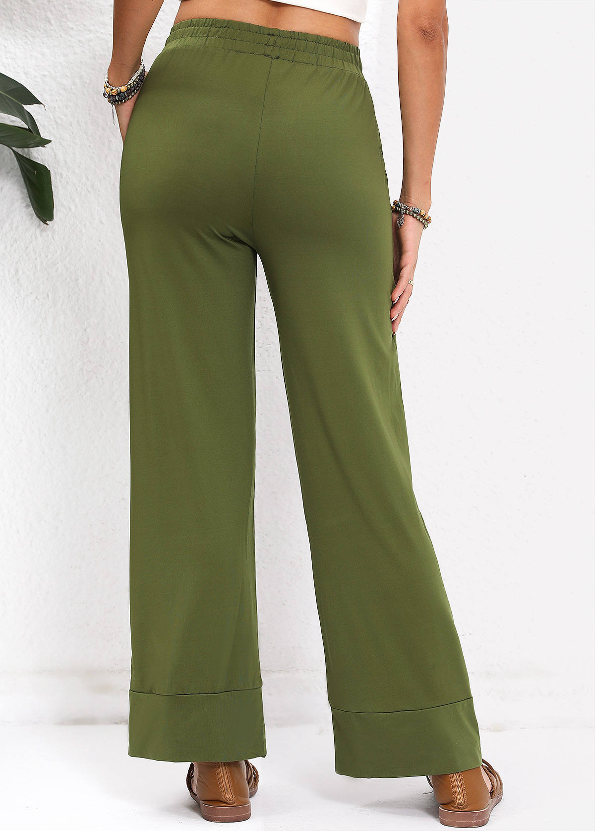 Pocket Olive Green Elastic Waist High Waisted Pants