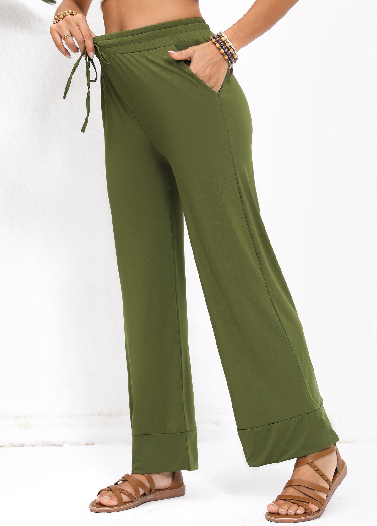 Pocket Olive Green Elastic Waist High Waisted Pants