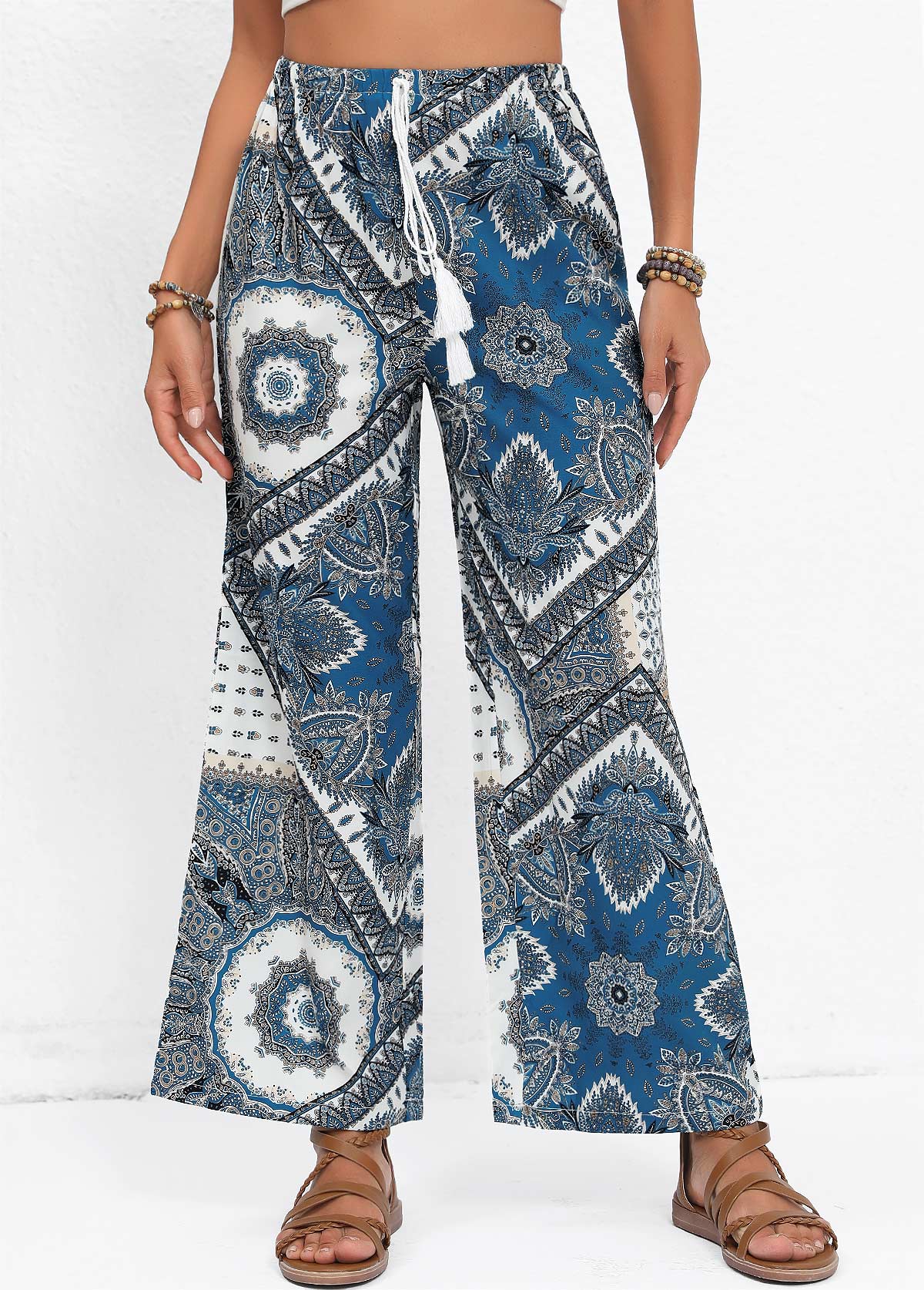 Tribal Print Tassel Denim Blue Elastic Waist Pants