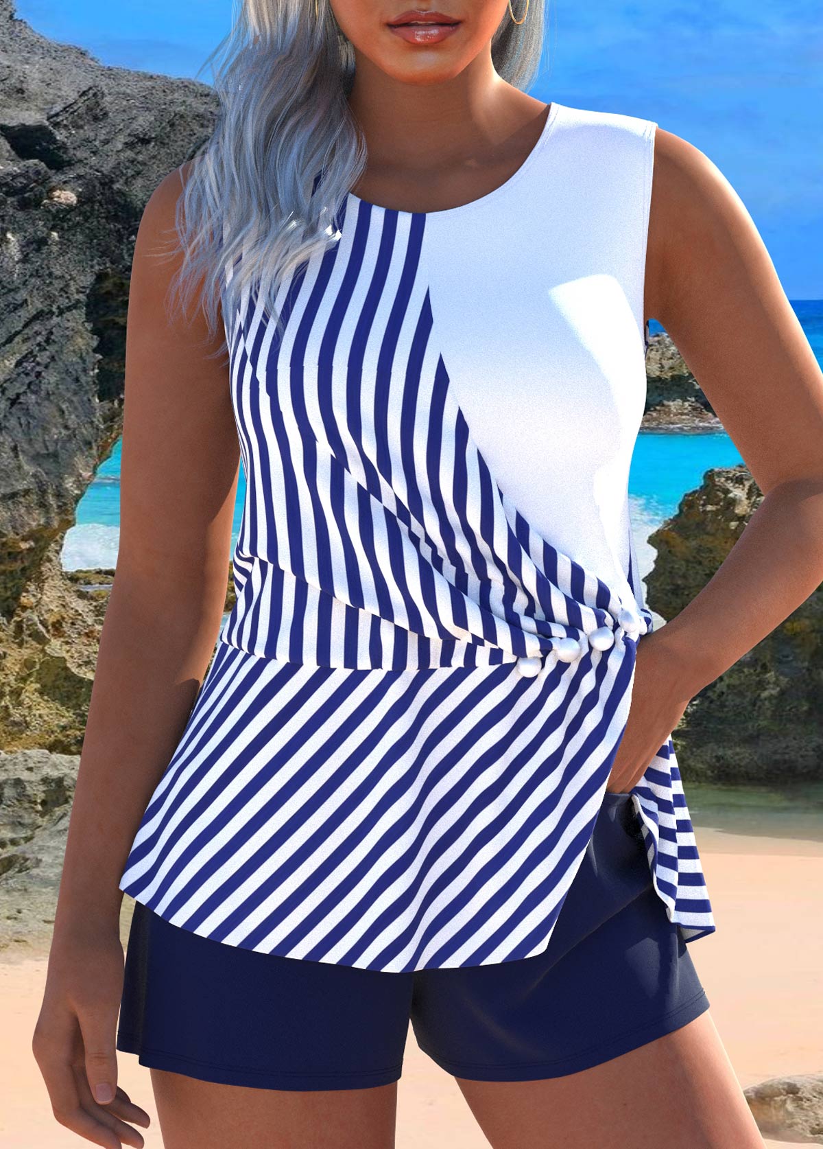 Striped Button Ruched Navy Tankini Set