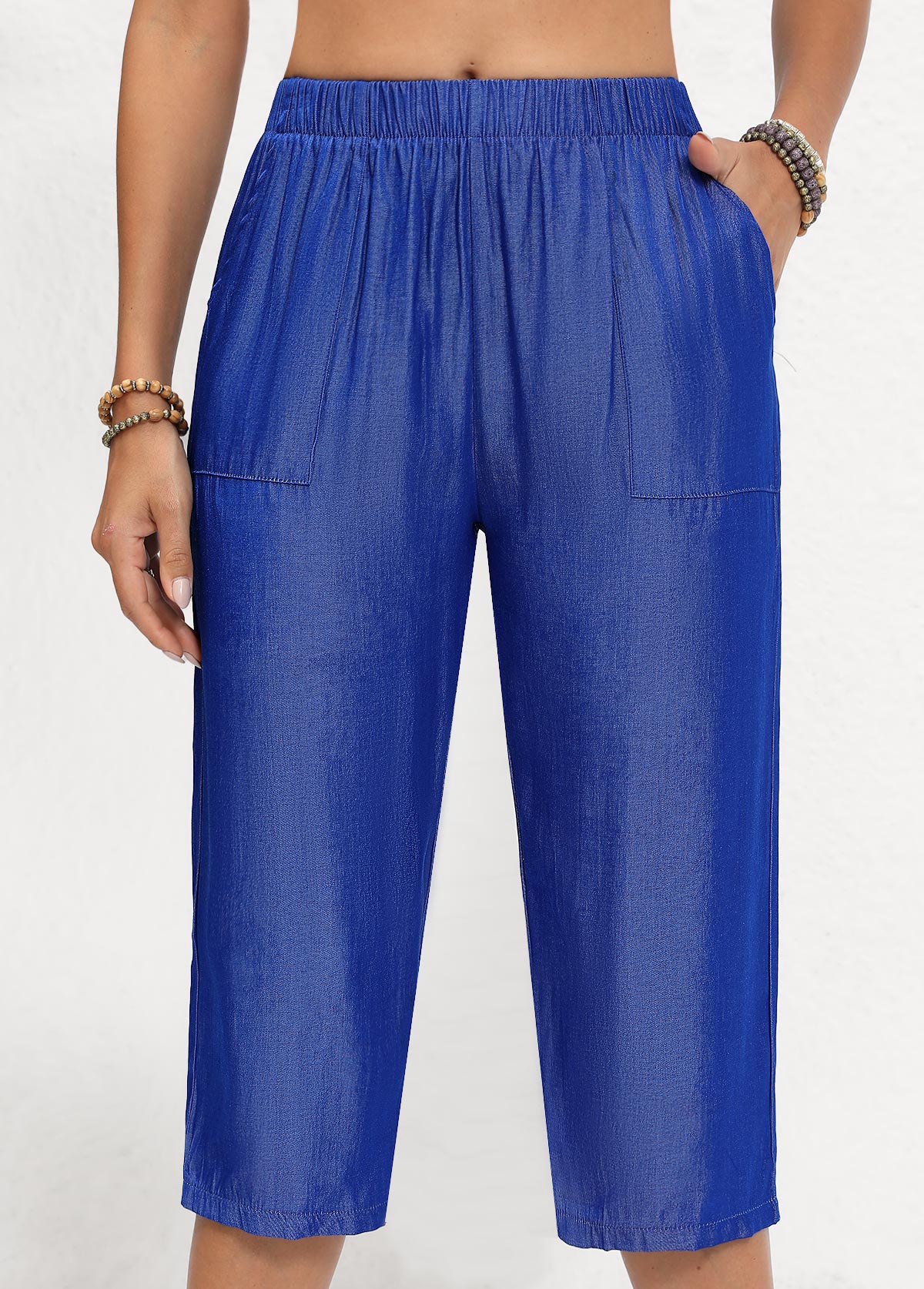 Double Side Pockets Denim Blue Elastic Waist Pants