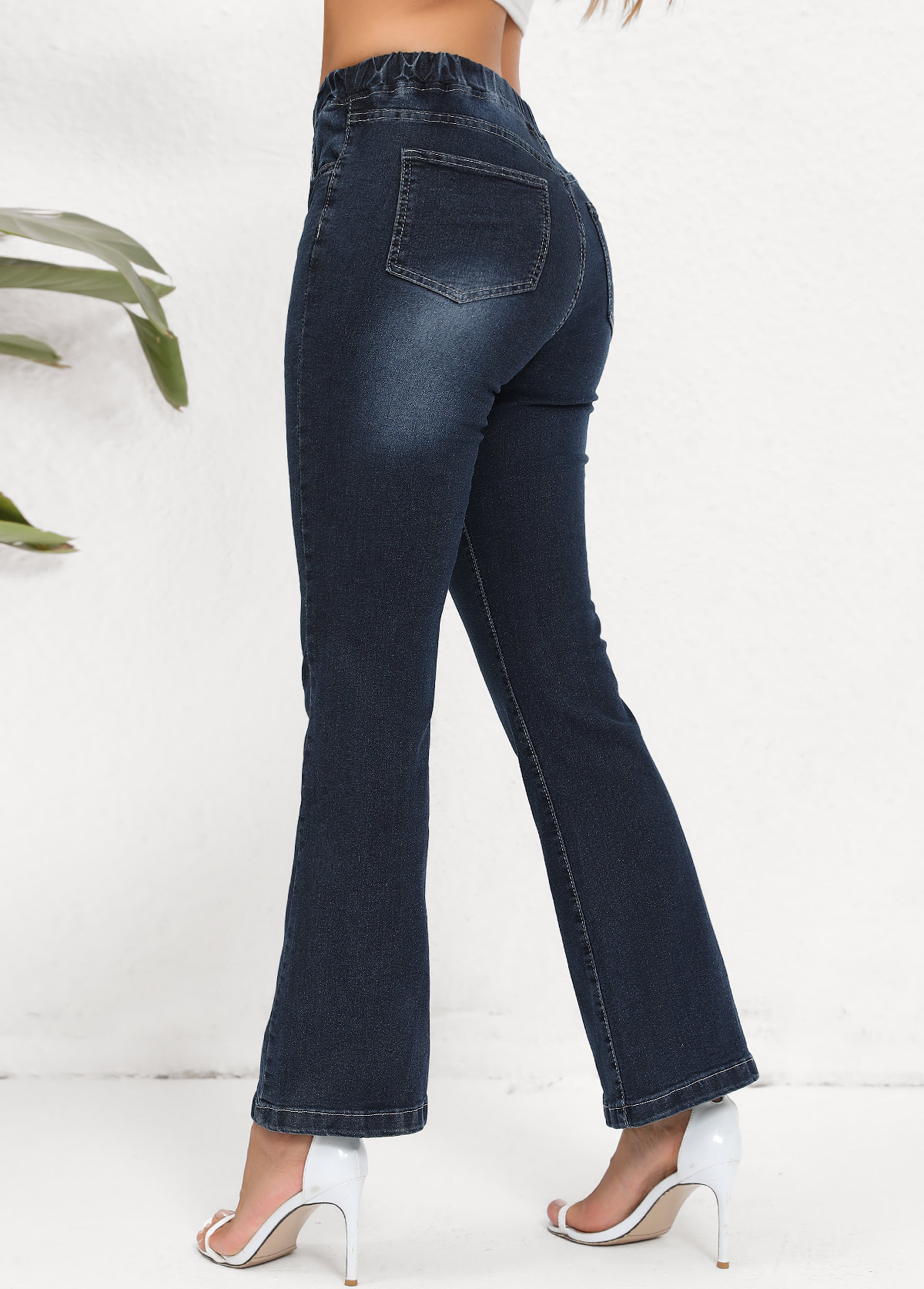Denim Blue Flare Leg Pocket Elastic Waist Jeans