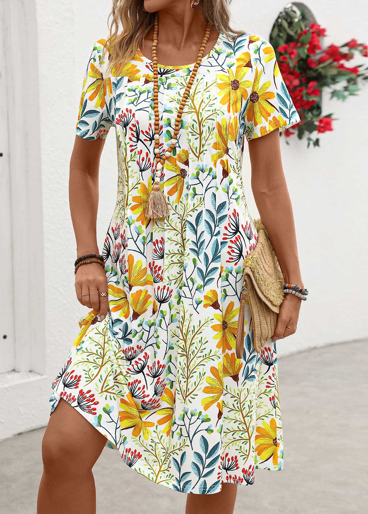 Floral Print Pocket Yellow Short Sleeve Round Neck Dress