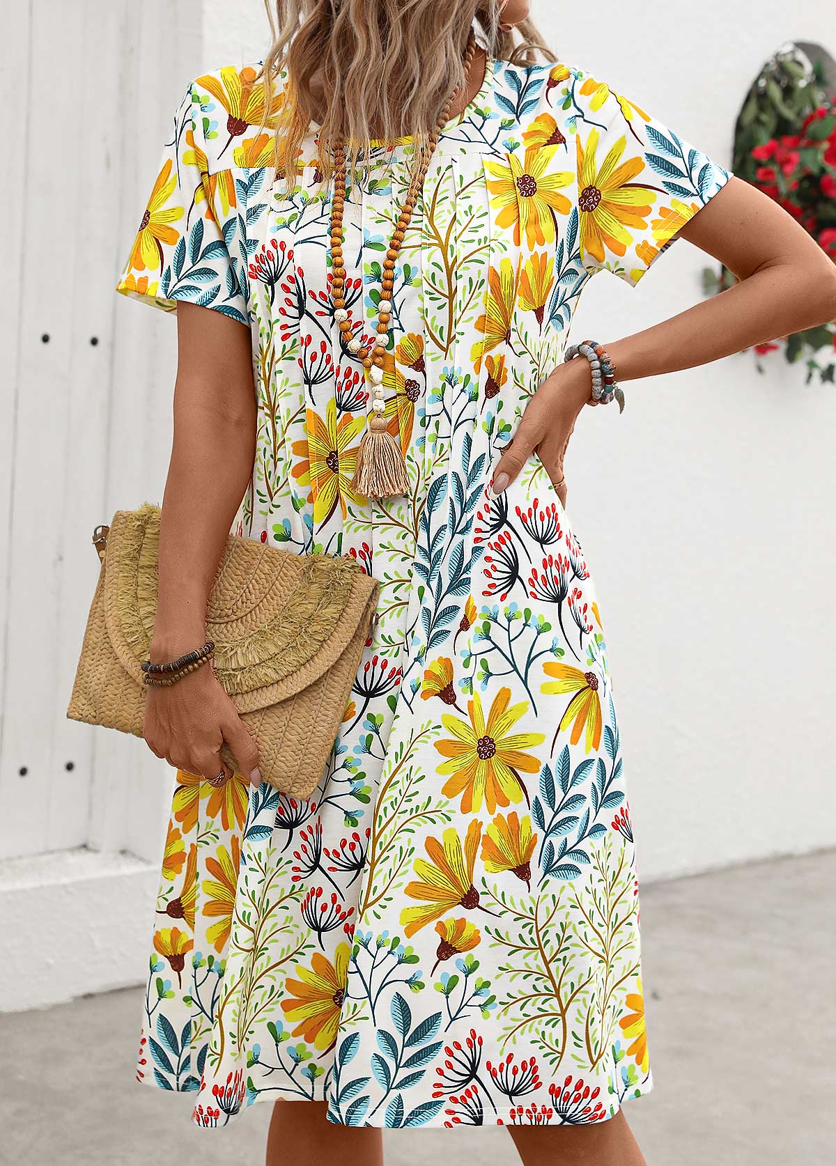 Floral Print Pocket Yellow Short Sleeve Round Neck Dress