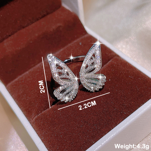 Rhinestone Silvery White Butterfly Copper Ring