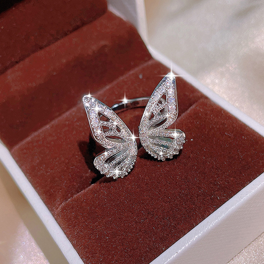 Rhinestone Silvery White Butterfly Copper Ring