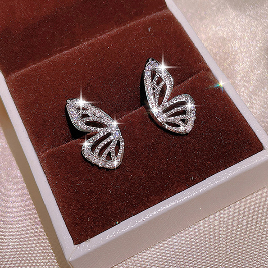 Rhinestone Silvery White Butterfly Copper Earrings