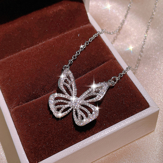Rhinestone Silvery White Butterfly Copper Necklace