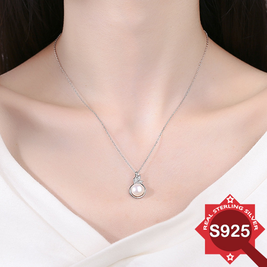 Silvery White 925 Silver Pearl Necklace