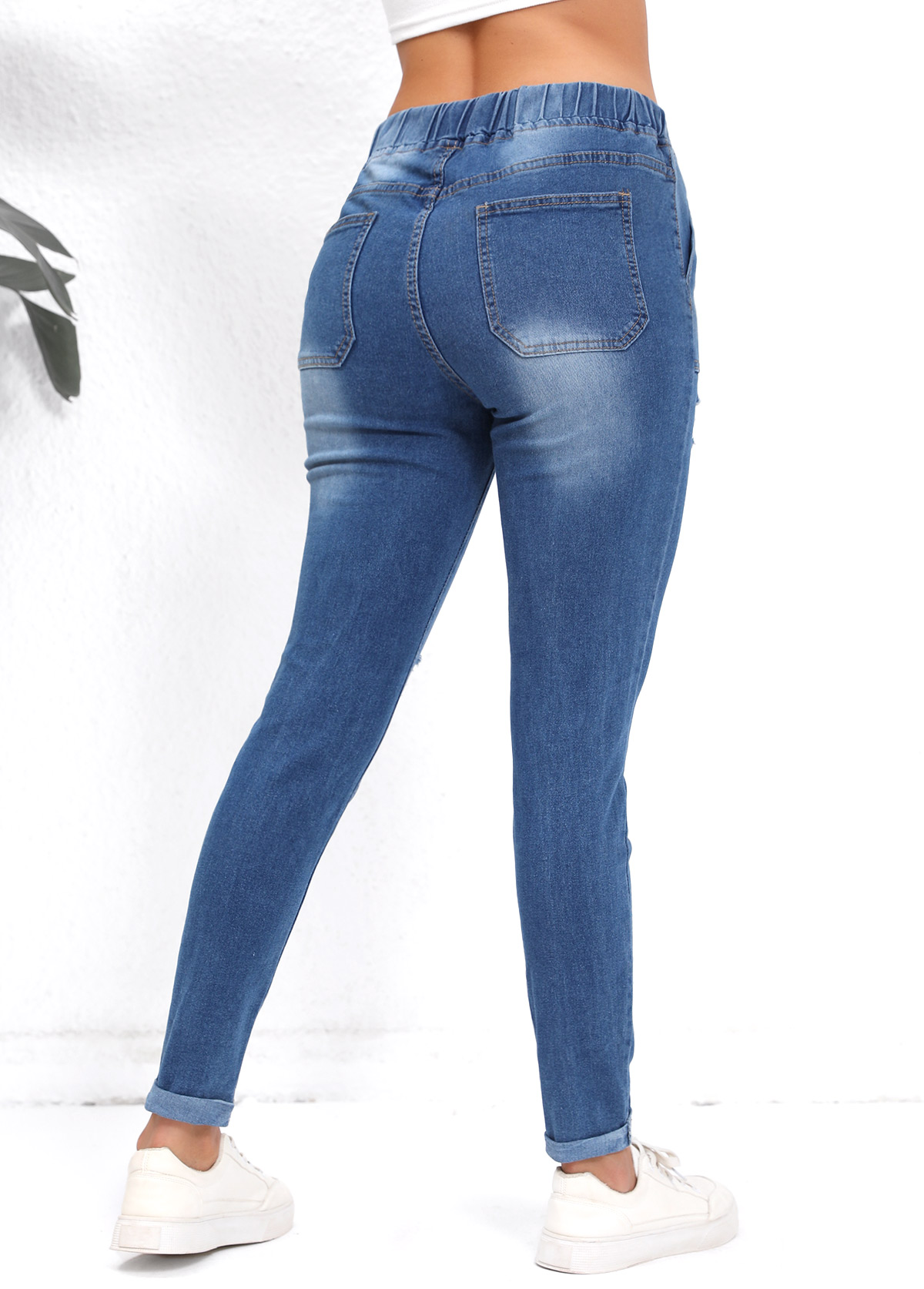 Denim Blue Skinny Elastic Waist Pocket High Waisted Jeans