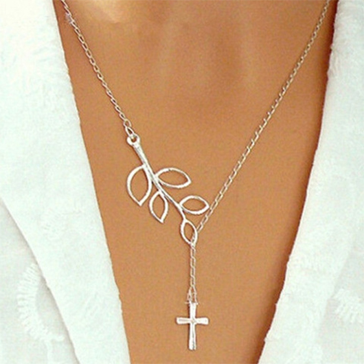 Silvery White Cross Plants Print Alloy Necklace
