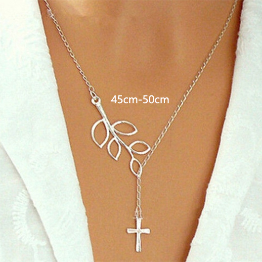 Silvery White Cross Plants Print Alloy Necklace