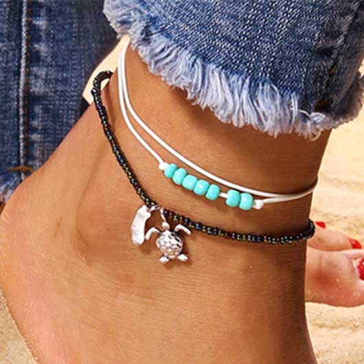 Mint Green Beaded Turtle Alloy Anklet Set