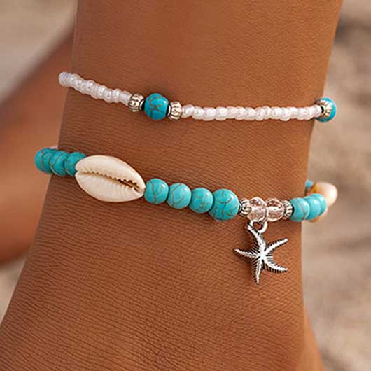 Mint Green Shell Polyresin Pearl Anklets Set