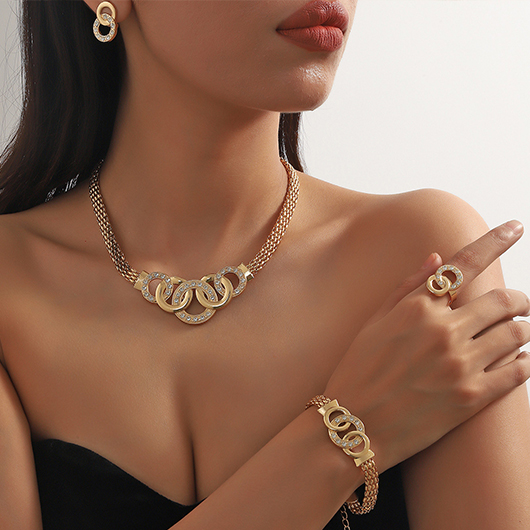 Gold Alloy Round Necklace Earrings and Wristband Set