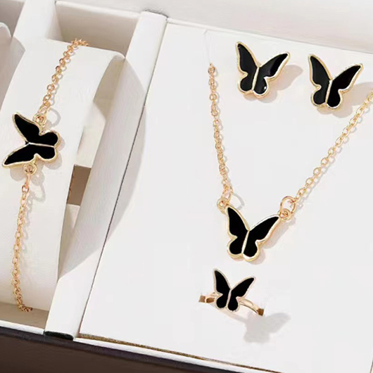 Black Butterfly Alloy Earrings Necklace and Wristband