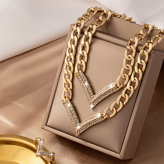 Chain Design Rhinestone Gold Alloy Necklace Set