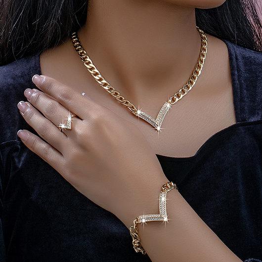 Chain Design Rhinestone Gold Alloy Necklace Set