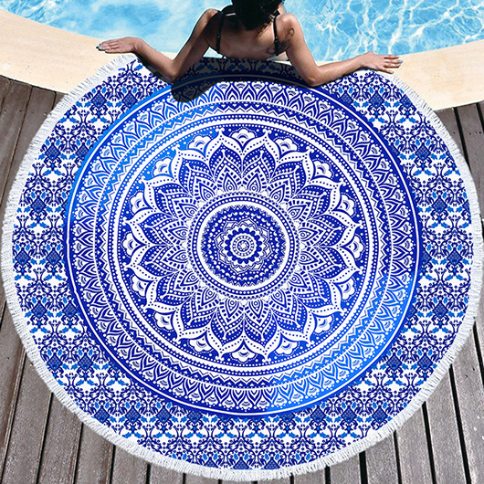 Tribal Print Purplish Blue Round Beach Blanket
