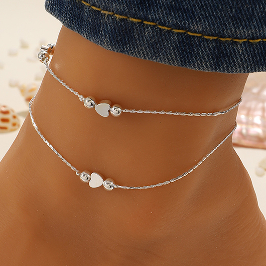 Silvery White Layered Design Heart Alloy Anklet
