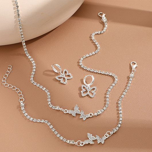 Rhinestone Silvery White Butterfly Alloy Necklace Set