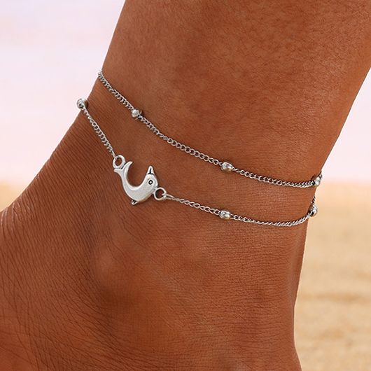 Dolphin Layered Silvery White Alloy Anklet