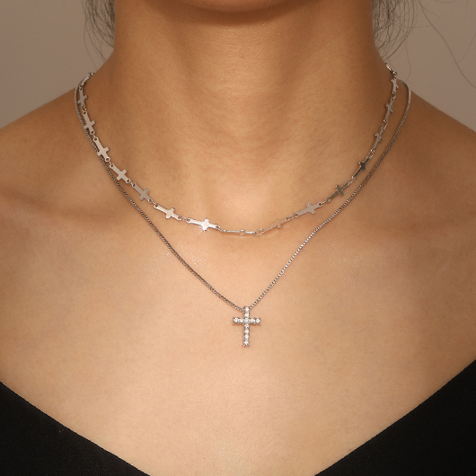 Silvery White Layered Cross Alloy Necklace