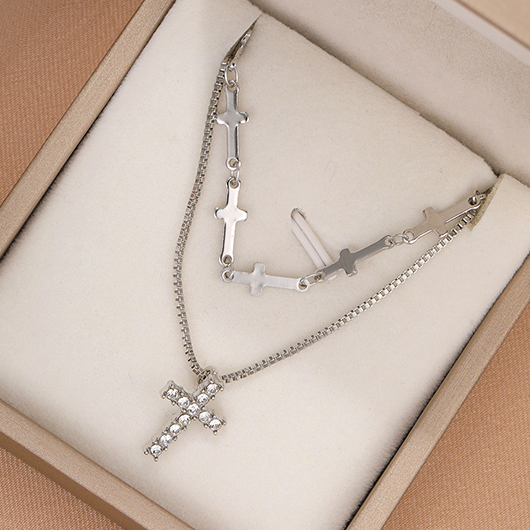Silvery White Layered Cross Alloy Necklace