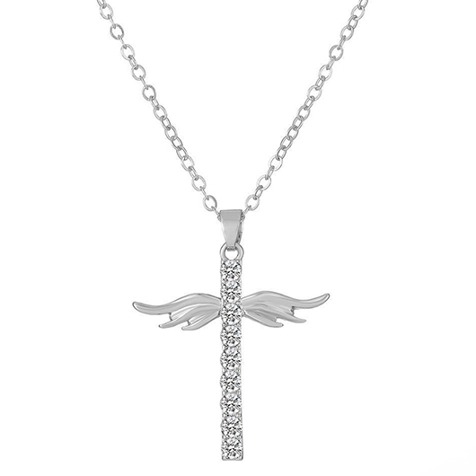 Silvery White Rhinestone Cross Alloy Necklace