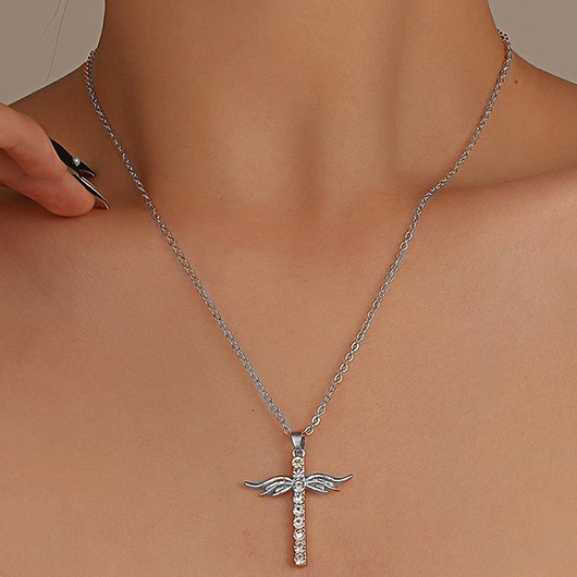 Silvery White Rhinestone Cross Alloy Necklace