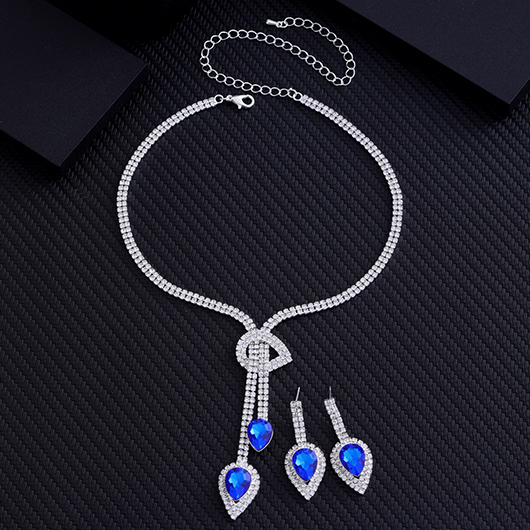 Waterdrop Rhinestone Design Blue Alloy Earrings and Necklace