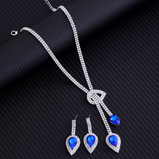 Waterdrop Rhinestone Design Blue Alloy Earrings and Necklace