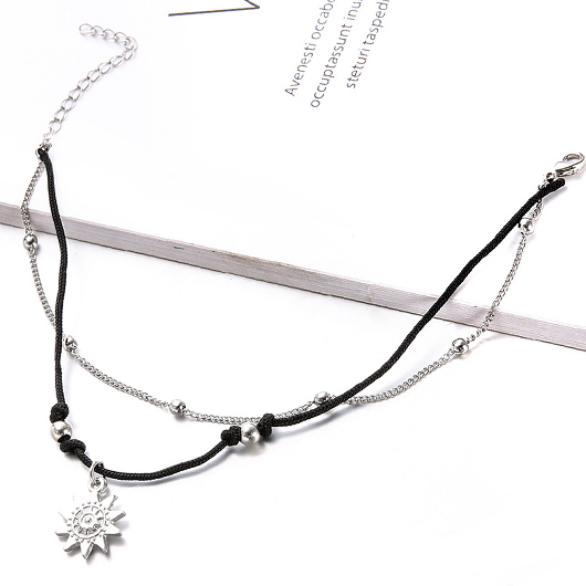 Layered Beaded Sun Black Alloy Anklet