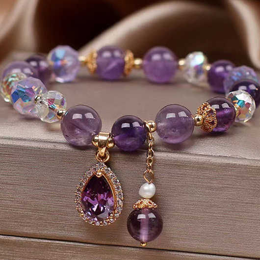 Rhinestone Waterdrop Design Beaded Purple Bracelet