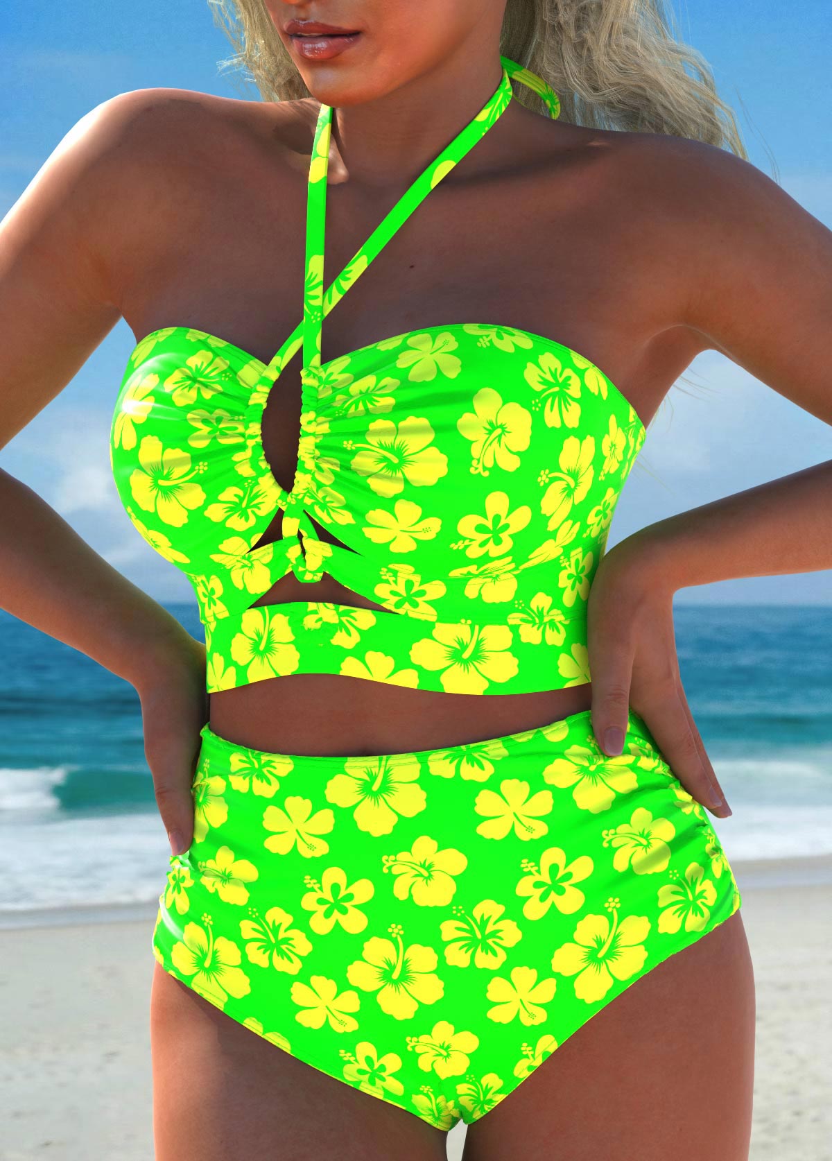 Floral Print Drawstring Neon Green Bikini Set