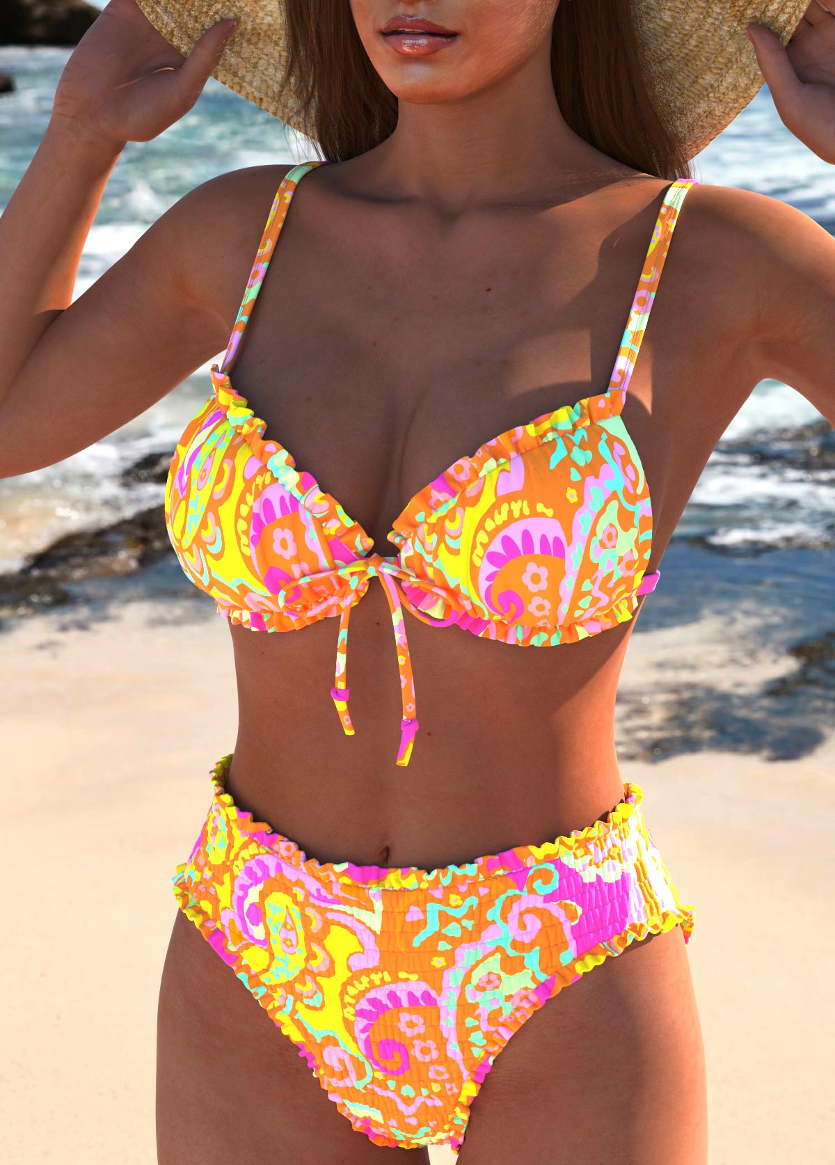 Paisley Print Frill Multi Color Bikini Set