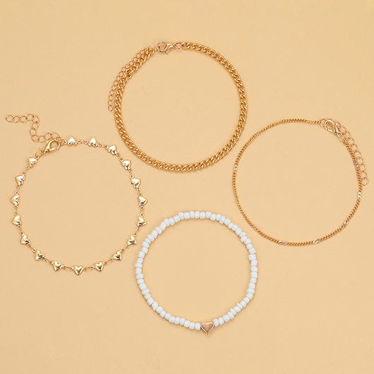 Gold Beaded Heart Layered Alloy Anklets