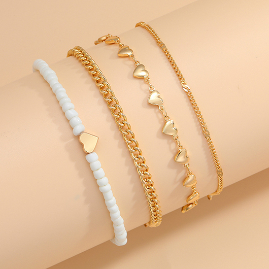 Gold Beaded Heart Layered Alloy Anklets