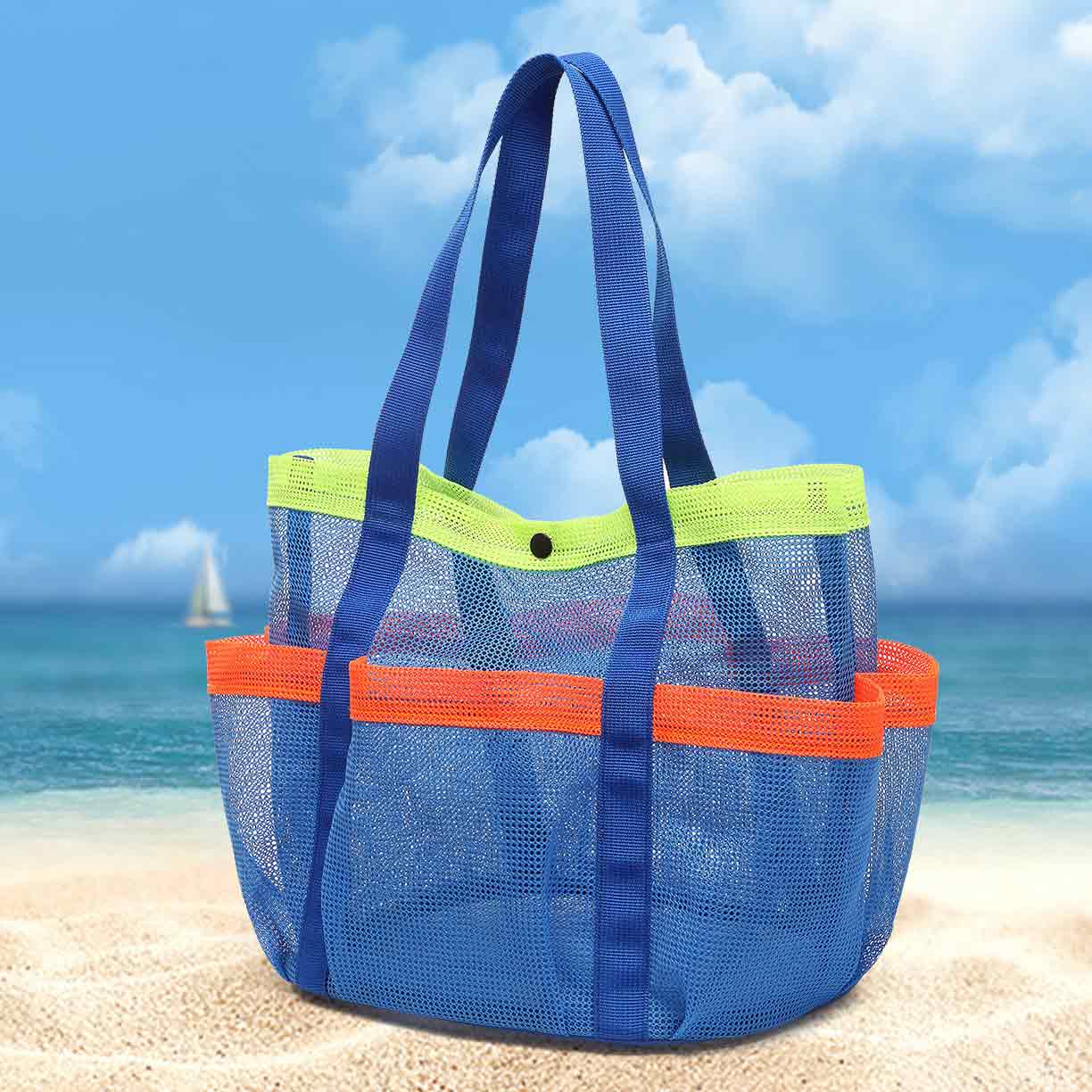 Mesh Design Denim Blue Open Shoulder Bag
