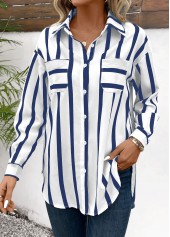 Striped Button Blue Long Sleeve Shirt