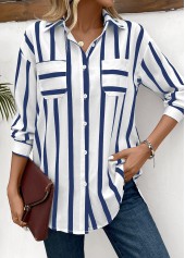 Striped Button Blue Long Sleeve Shirt