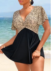 Geometric Print Patchwork Light Camel Swimdress and Panty