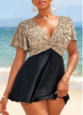 Geometric Print Patchwork Light Camel Swimdress and Panty