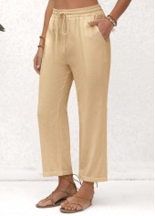 Beige Elastic Waist Pocket High Waisted Pants