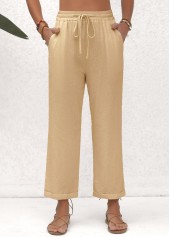 Beige Elastic Waist Pocket High Waisted Pants